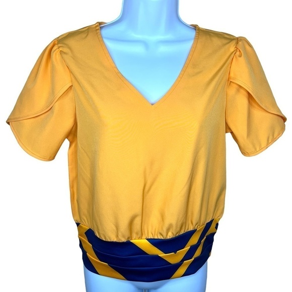 NEW Yellow Blue V Neck Cropped Blouse Short Puff Sleeve Vibrant - Picture 1 of 8